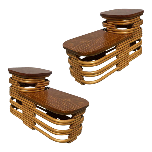 Restored Two-Tier Stacked Rattan Side Tables With Mahogany Tops, a Pair Restored Two-Tier Stacked Rattan Side Tables With Mahogany Tops, a Pair