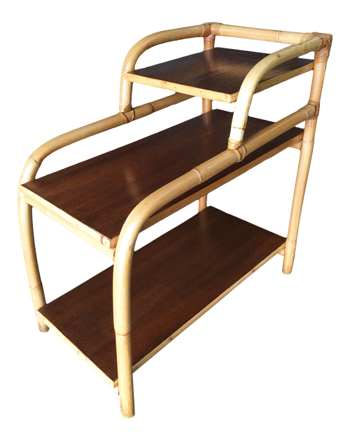 Restored Vintage Rattan Side Lamp Table With Three-Tier Mahogany Tops Restored Vintage Rattan Side Lamp Table With Three-Tier Mahogany Tops