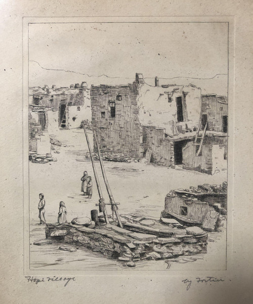 Vintage Etching Of Hopi Village by Kiva H. Fortier