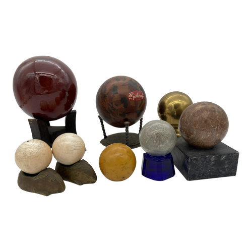 Vintage Marble, Brass, Resin, Glass Spheres With Stands Collection- 8 Pieces