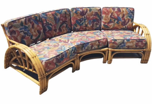 Restored 3 Strand Rattan Spoke Half Moon Arm Sectional Sofa Restored 3 Strand Rattan Spoke Half Moon Arm Sectional Sofa