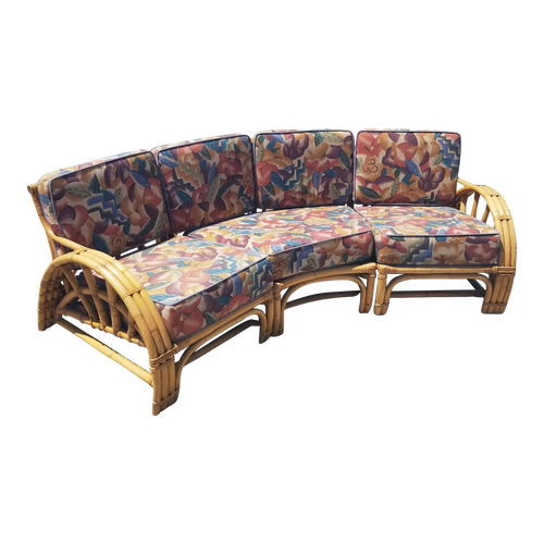 Restored 3 Strand Rattan Spoke Half Moon Arm Sectional Sofa Restored 3 Strand Rattan Spoke Half Moon Arm Sectional Sofa