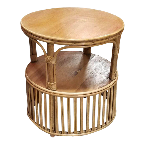 1940s Restored Rattan Round Side Table With Pencil Reed Base in the Style of Crespi 1940s Restored Rattan Round Side Table With Pencil Reed Base in the Style of Crespi
