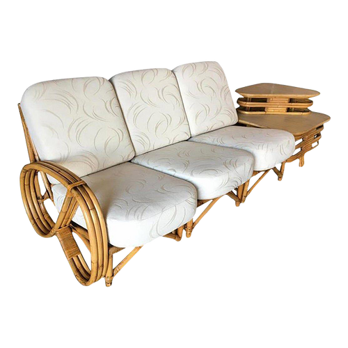 1950s Restored 3/4 Pretzel Rattan 3-Seat Sectional Sofa with 2-Tier Side Table