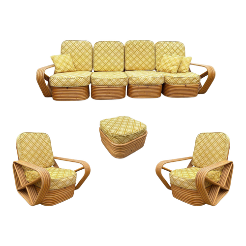 1950s Restored 5-Strand Square Pretzel Rattan Chair & Sofa Livingroom Set by Tochiku 1950s Restored 5-Strand Square Pretzel Rattan Chair & Sofa Livingroom Set by Tochiku
