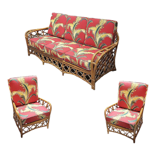 1950s Restored Mid Century Lattice Rattan Sofa & Lounge Chair Livingroom Set- 3 Pieces 1950s Restored Mid Century Lattice Rattan Sofa & Lounge Chair Livingroom Set- 3 Pieces