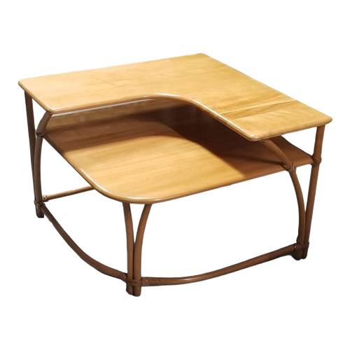 1950s Restored Mid Century Maple and Faux Rattan Corner Table by Heywood Wakefield 1950s Restored Mid Century Maple and Faux Rattan Corner Table by Heywood Wakefield