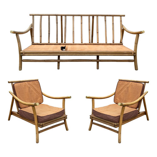 1950s Restored Rattan Sofa & Chair Livingroom Set by John Wisner for Ficks Reed- 3 Pieces