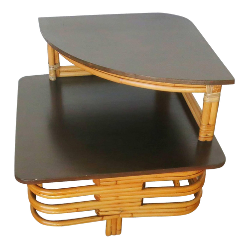 1950s Restored Stacked Rattan & Mahogany Corner Side Side Table 1950s Restored Stacked Rattan & Mahogany Corner Side Side Table
