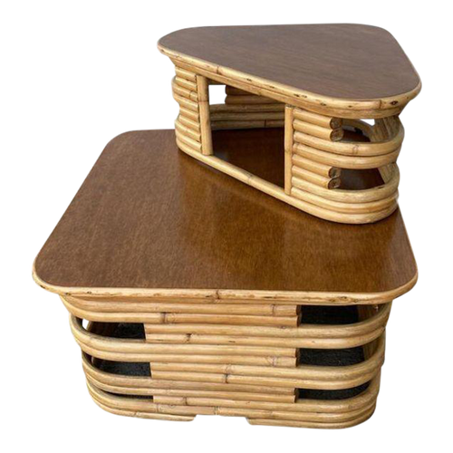 1950s Restored Stacked Two-Tier Rattan Corner Side Table 1950s Restored Stacked Two-Tier Rattan Corner Side Table