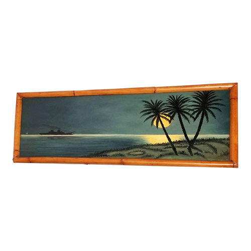 Hawaiian Landscape Oil Painting on Canvas Ocean Liner Full Moon Island Scenic Landscape in Rattan Frame