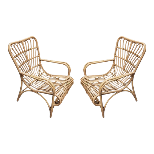 Restored Faux Rattan Outdoor Lounge Chair Pair in the style of Franco Albini Restored Faux Rattan Outdoor Lounge Chair Pair in the style of Franco Albini