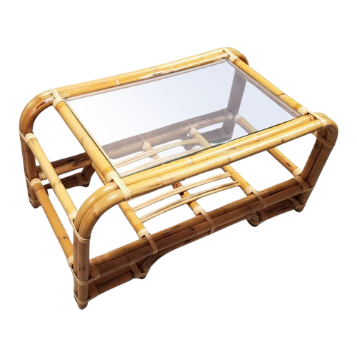 1940s Restored 2-Tiered Rattan Coffee Table W/ Glass Top 1940s Restored 2-Tiered Rattan Coffee Table W/ Glass Top