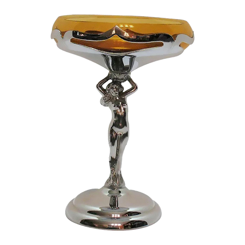 1930s Chrome Farberware Nude Women Art Deco Compote with Amber Glass Cup 1930s Chrome Farberware Nude Women Art Deco Compote with Amber Glass Cup