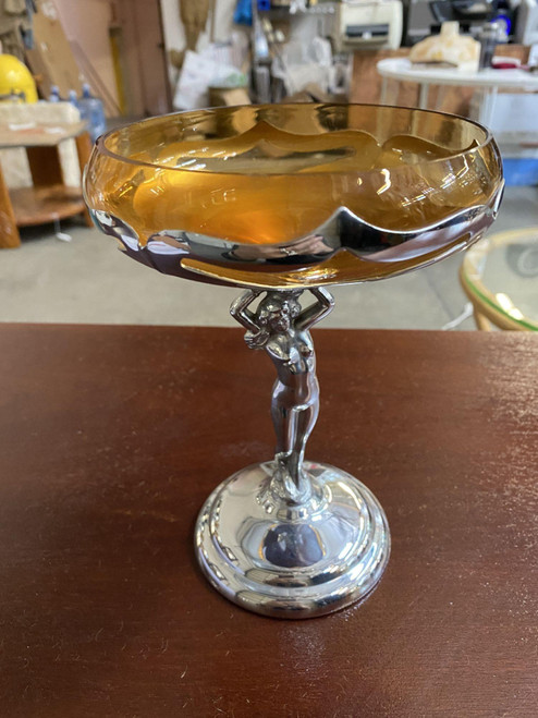 1930s Chrome Farberware Nude Women Art Deco Compote with Amber Glass Cup -  Harveys on Beverly