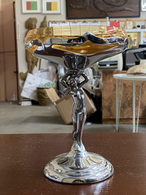 1930s Chrome Farberware Nude Women Art Deco Compote with Amber Glass Cup -  Harveys on Beverly