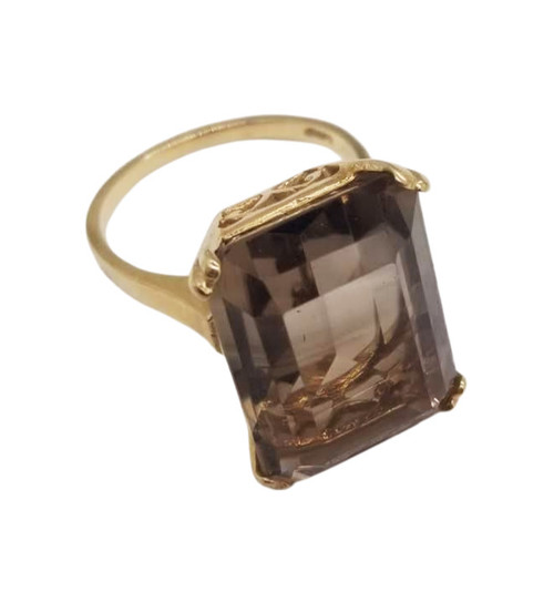 Vintage 14K Yellow Gold Emerald-Cut Smoky Quartz Cocktail Ring Size 5