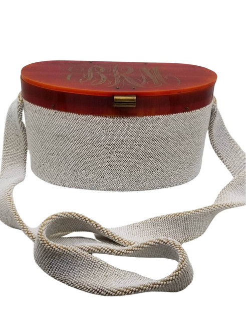 White Caviar Bead Box Purse w Tortoiseshell Celluloid Lid and Long Strap, 1950s