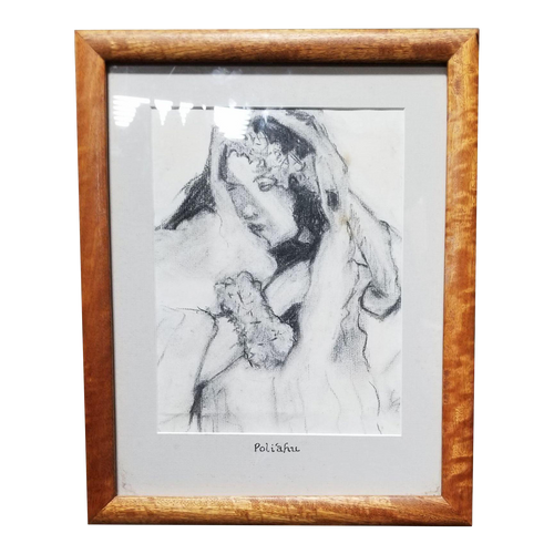 Hawaiian Female Portrait Charcoal on Paper Titled "Poli?ahu" in Koa Wood Frame