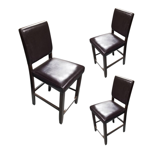 1990s Dark Brown Leather Counter Bar Stools- Set of 3
