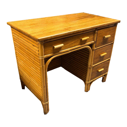 Restored Boutique Rattan & Mahogany Writing Desk w/ Stacked Rattan Sides Restored Boutique Rattan & Mahogany Writing Desk w/ Stacked Rattan Sides