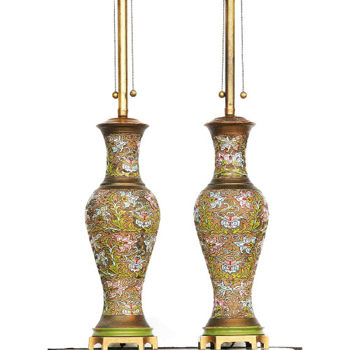 Arts & Craft Chinese Bronze Cloisonné Enamel Vase Lamp by Mimi London, Pair Arts & Craft Chinese Bronze Cloisonné Enamel Vase Lamp by Mimi London, Pair