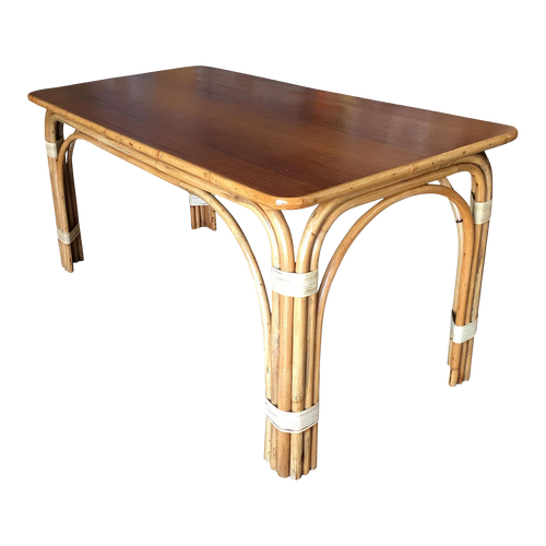1950s Restored Vintage Rattan "Triple Arch" Dining Room Table With Mahogany Top 1950s Restored Vintage Rattan "Triple Arch" Dining Room Table With Mahogany Top