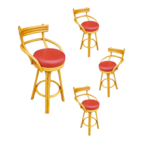 Restored 1950s Rattan Stacked Bar Stools in Red, Set of 4 Restored 1950s Rattan Stacked Bar Stools in Red, Set of 4