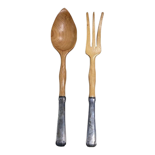 Mid Century Teak Serving Fork and Spoon With Etruscan Sterling Handle- Set of 2 Mid Century Teak Serving Fork and Spoon With Etruscan Sterling Handle- Set of 2