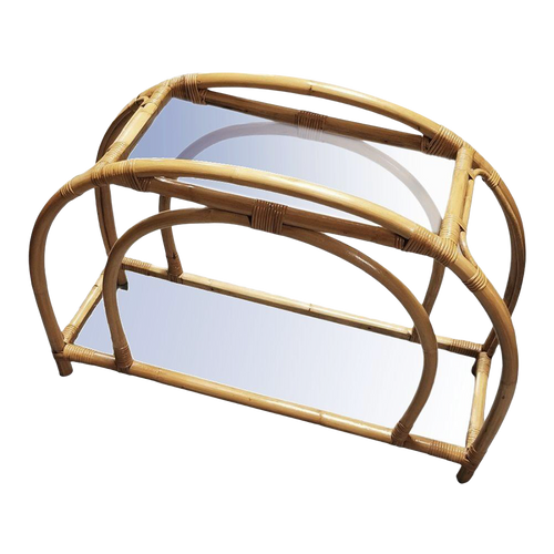 1950s Restored Rattan Double Arched Two-Tiered Single Strand Side Table in Blonde Rattan 1950s Restored Rattan Double Arched Two-Tiered Single Strand Side Table in Blonde Rattan