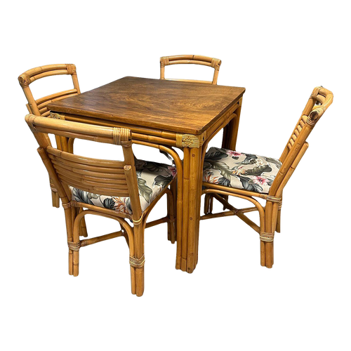Restored Rattan Sapele Ribbon Mahogany Square  Dining Table with Stacked Rattan Chairs Restored Rattan Sapele Ribbon Mahogany Square  Dining Table with Stacked Rattan Chairs