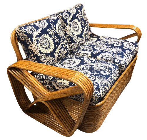 Restored Six-Strand Double Triangle Arm Tortoise Shell Rattan Settee