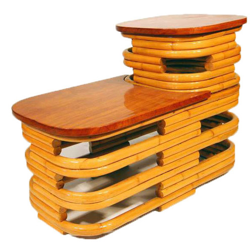 1940s Restored Table Side, Stacked Rattan Two-Tier With Mahogany Top 1940s Restored Table Side, Stacked Rattan Two-Tier With Mahogany Top