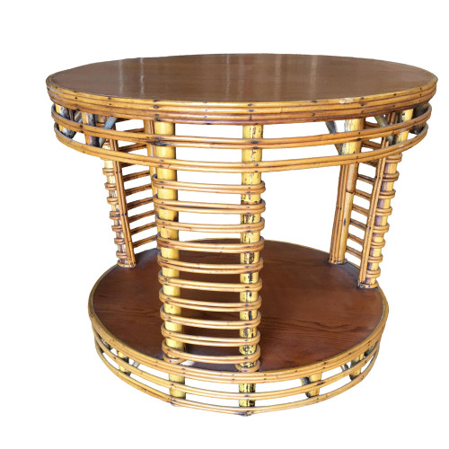 1930s Restored Vintage Two Tier Round Stick Rattan Coffee Table With Mahogany Top 1930s Restored Vintage Two Tier Round Stick Rattan Coffee Table With Mahogany Top
