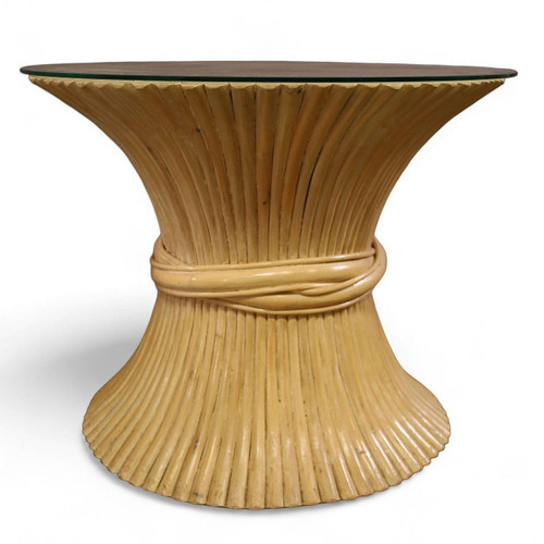 1970s McGuire Style "Sheaf of Wheat" Stacked Hourglass Rattan End Table, Pair