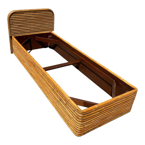 1940s Restored Paul Frankl Style Mid-Century Stacked Rattan Single Size Bed Frame 1940s Restored Paul Frankl Style Mid-Century Stacked Rattan Single Size Bed Frame