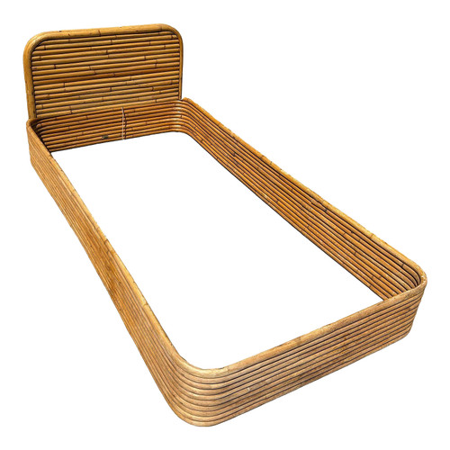 1940s Restored Paul Frankl Style Stacked Rattan Single Size Bed Frame by Kane Kraft 1940s Restored Paul Frankl Style Stacked Rattan Single Size Bed Frame by Kane Kraft