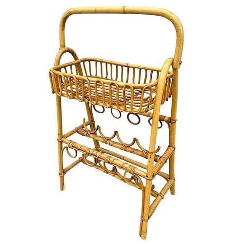 1960s Albini Style Rattan Service Side Table & Bottle Holder W/ Handle 1960s Albini Style Rattan Service Side Table & Bottle Holder W/ Handle