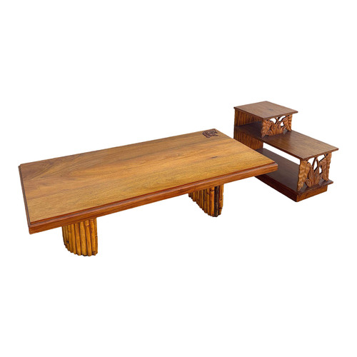 1950s Restored Mid Century Hand Carved Palm Leaf Koa Wood Coffee & Side Table Set of 2 1950s Restored Mid Century Hand Carved Palm Leaf Koa Wood Coffee & Side Table Set of 2