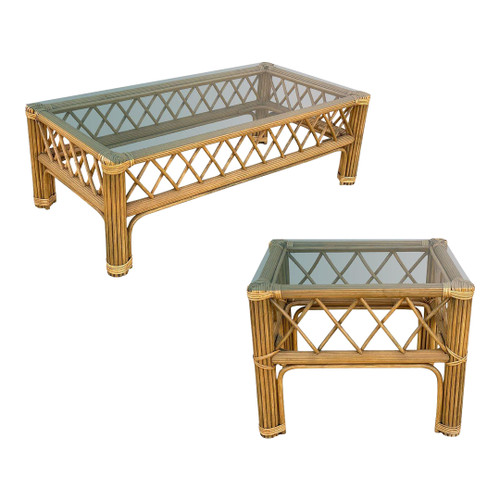Art Deco "President" Stick Reed Rattan Coffee & Side Table Set Art Deco "President" Stick Reed Rattan Coffee & Side Table Set