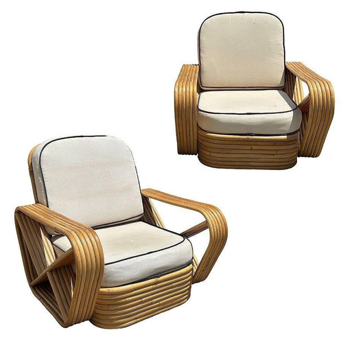 Restored 1940s Frankl Style Rattan Six Strand Square Pretzel Lounge Chair, Pair Restored 1940s Frankl Style Rattan Six Strand Square Pretzel Lounge Chair, Pair