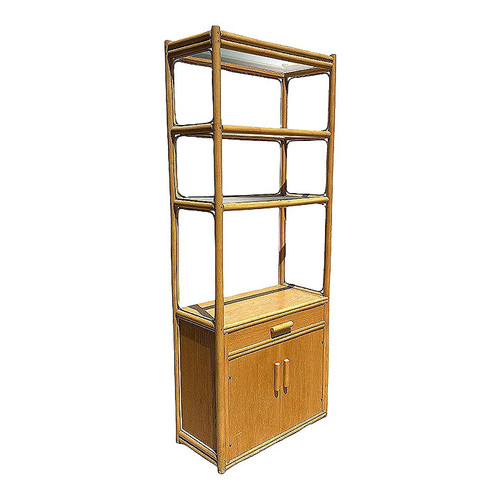 1950s Restored Rattan & Mahogany Etagere Display Curio Cabinet 1950s Restored Rattan & Mahogany Etagere Display Curio Cabinet