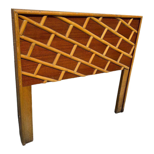 1950s Restored Mid-Century Geometric Brick Pattern Rattan & Mahogany Twin Size Headboard 1950s Restored Mid-Century Geometric Brick Pattern Rattan & Mahogany Twin Size Headboard