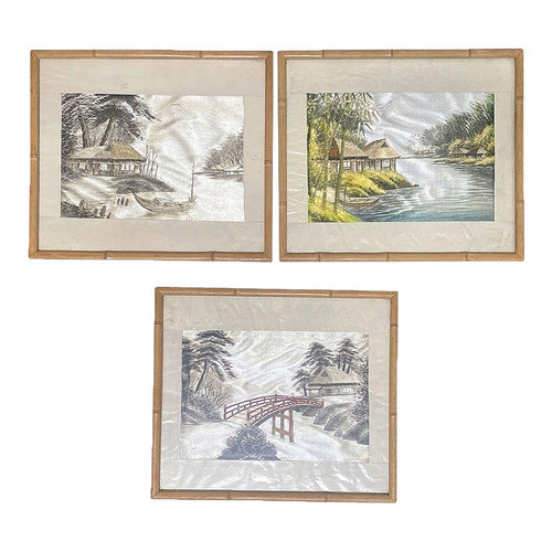1950s Chinese Silk Embroidery Tapestry Art Tropical Landscape in Rattan Frames - Set of 3