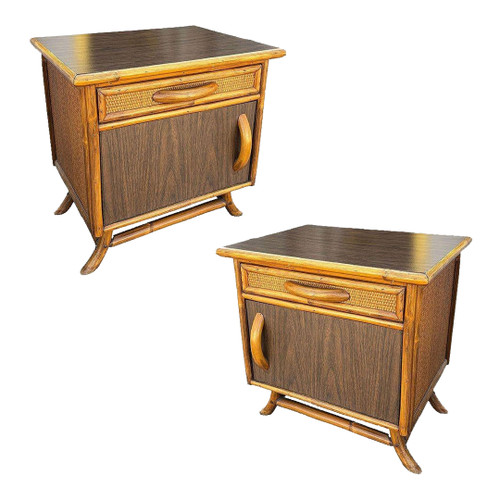 1950s Restored James Mont Styles Rattan & Woven Wicker Bedside Table, Pair 1950s Restored James Mont Styles Rattan & Woven Wicker Bedside Table, Pair