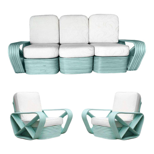 1950s Restored Teal 6-Strand Square Pretzel Rattan Sofa & Lounge Chair Living Room Set- 3 Pieces