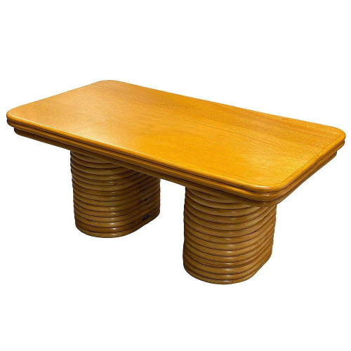 Restored Mid-Century Stacked Rattan Coffee Table W/ Mahogany Top Restored Mid-Century Stacked Rattan Coffee Table W/ Mahogany Top