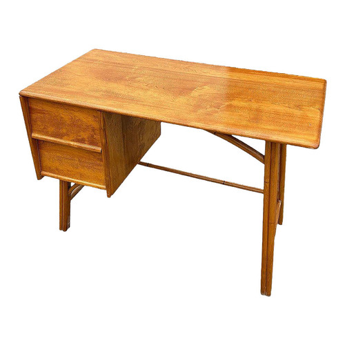 1950s Restored Heywood Wakefield Birch Desk W/ Rattan Legs 1950s Restored Heywood Wakefield Birch Desk W/ Rattan Legs