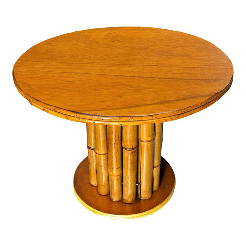 Restored Rattan & Mahogany Round Pedestal Side Table Restored Rattan & Mahogany Round Pedestal Side Table