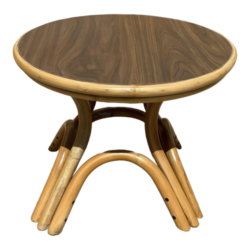 1950s Restored Round Rattan Coffee Table W/ Arched Base 1950s Restored Round Rattan Coffee Table W/ Arched Base